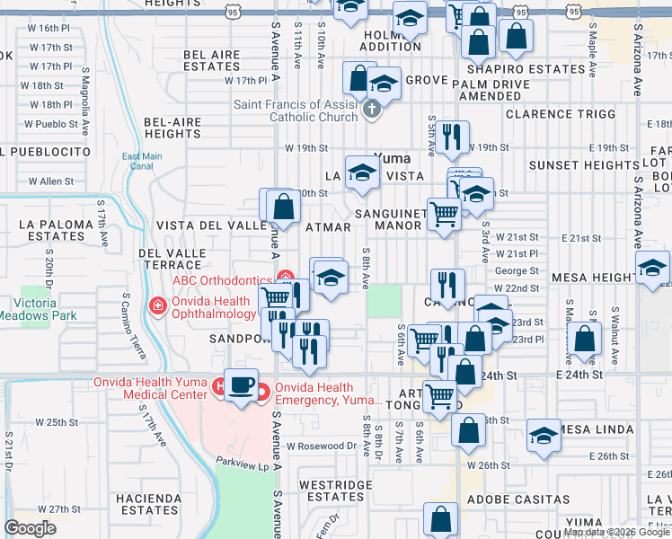 map of restaurants, bars, coffee shops, grocery stores, and more near 2101-2199 South 9th Avenue in Yuma