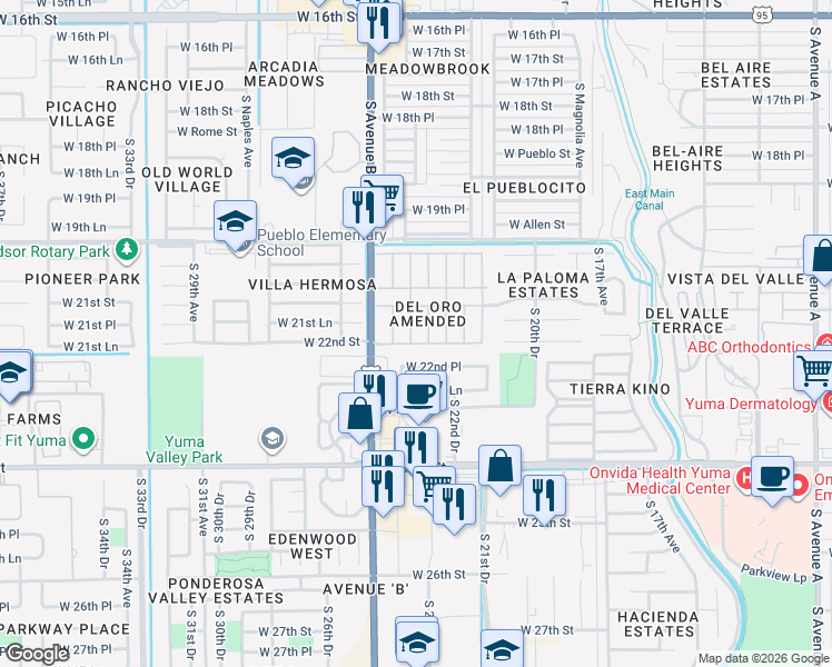 map of restaurants, bars, coffee shops, grocery stores, and more near 2189 South Roadrunner Lane in Yuma