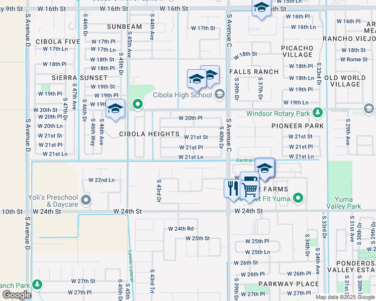 map of restaurants, bars, coffee shops, grocery stores, and more near 4192 West 21st Lane in Yuma