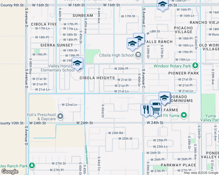 map of restaurants, bars, coffee shops, grocery stores, and more near 4276 West 21st Lane in Yuma
