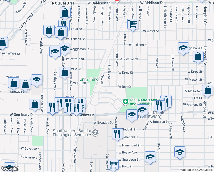 map of restaurants, bars, coffee shops, grocery stores, and more near 4045 Barr Street in Fort Worth