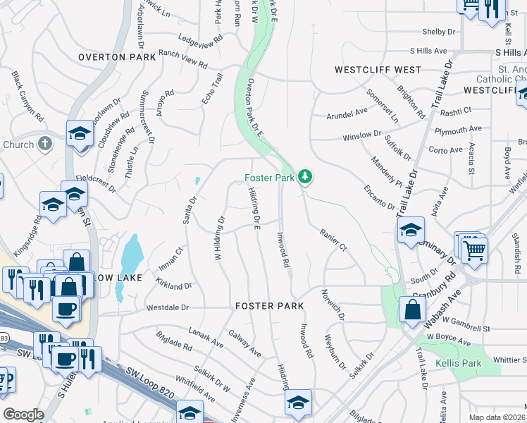 map of restaurants, bars, coffee shops, grocery stores, and more near 4028 Inwood Road in Fort Worth