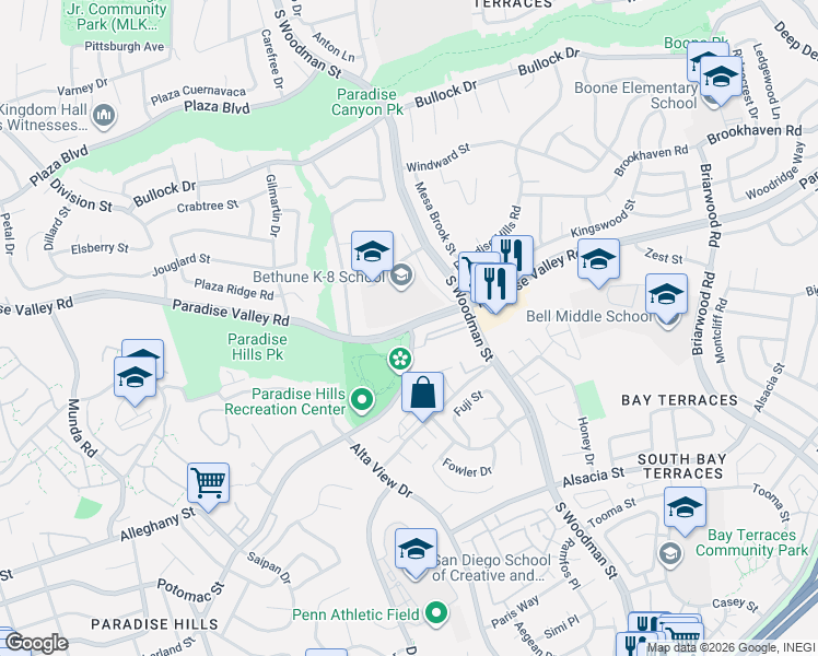 map of restaurants, bars, coffee shops, grocery stores, and more near Paradise Valley Road in San Diego