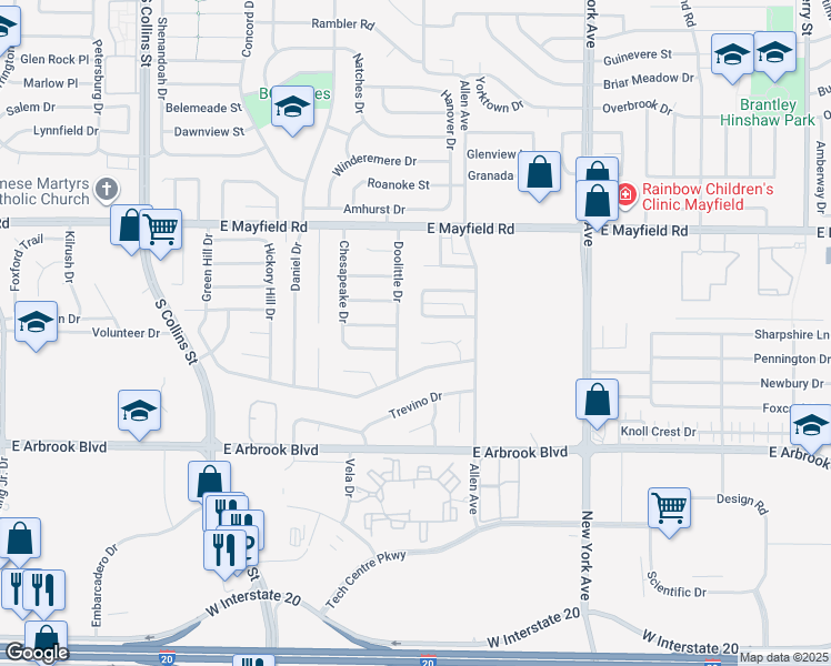 map of restaurants, bars, coffee shops, grocery stores, and more near 3601 Doolittle Drive in Arlington