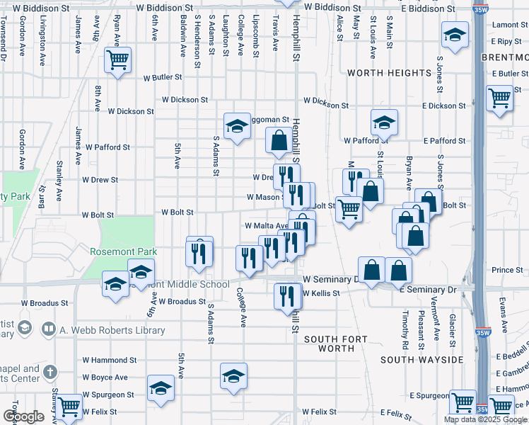 map of restaurants, bars, coffee shops, grocery stores, and more near 801 West Bolt Street in Fort Worth
