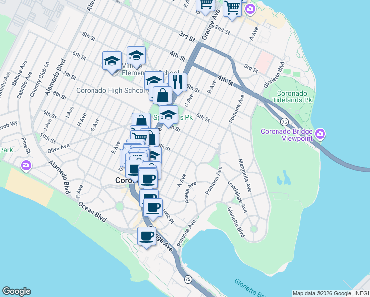map of restaurants, bars, coffee shops, grocery stores, and more near 767 B Avenue in Coronado