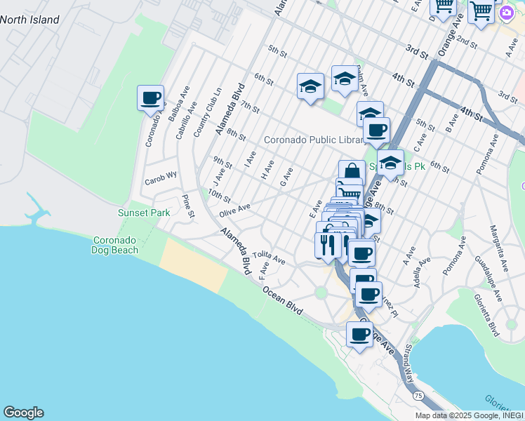 map of restaurants, bars, coffee shops, grocery stores, and more near 857 Encino Row in Coronado
