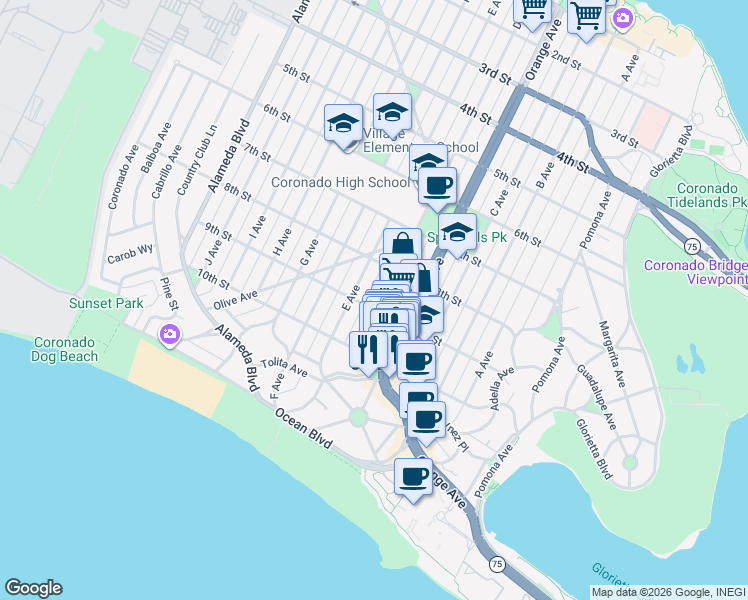 map of restaurants, bars, coffee shops, grocery stores, and more near 870 D Avenue in Coronado