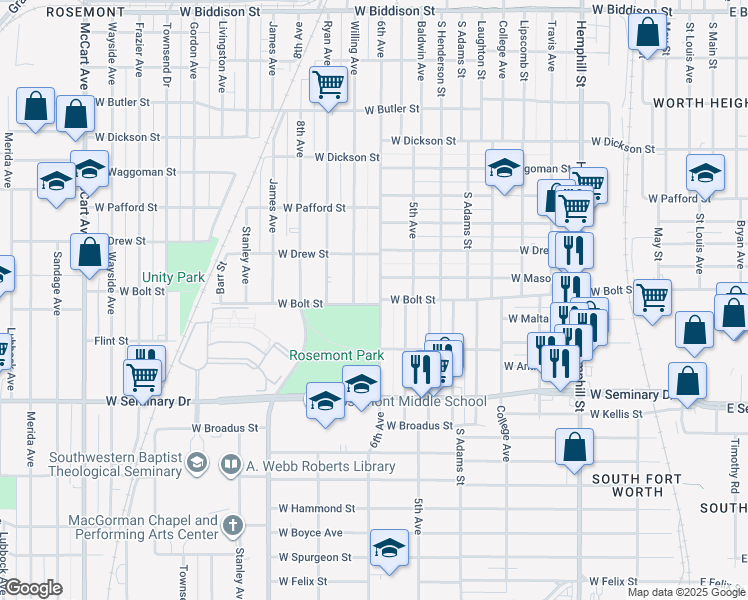 map of restaurants, bars, coffee shops, grocery stores, and more near 1450 West Bolt Street in Fort Worth