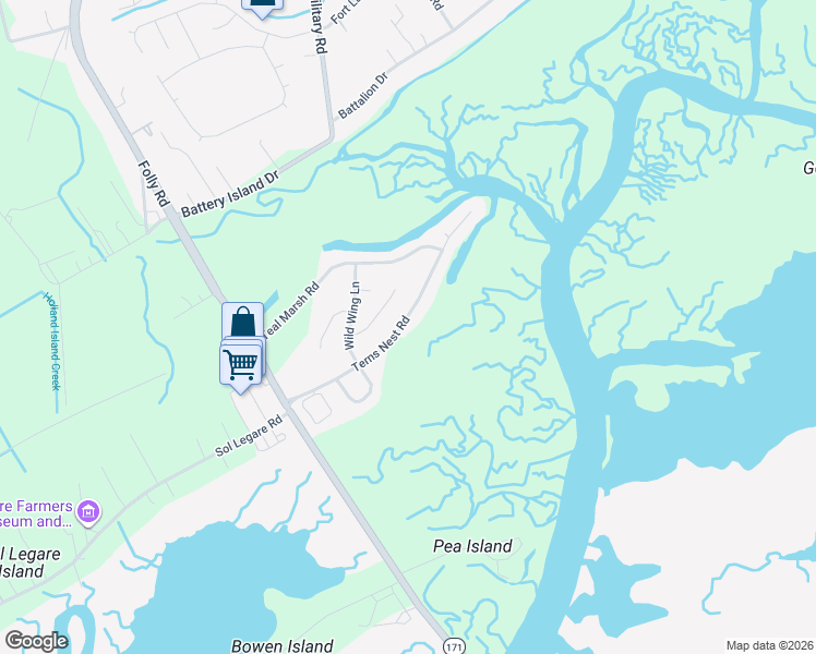 map of restaurants, bars, coffee shops, grocery stores, and more near 1607 Terns Nest Road in Charleston