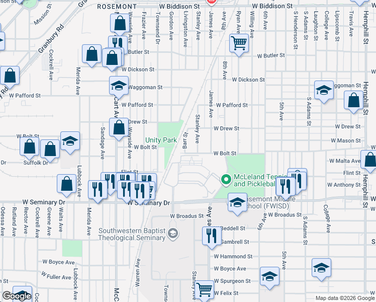 map of restaurants, bars, coffee shops, grocery stores, and more near 4045 Barr St in Fort Worth