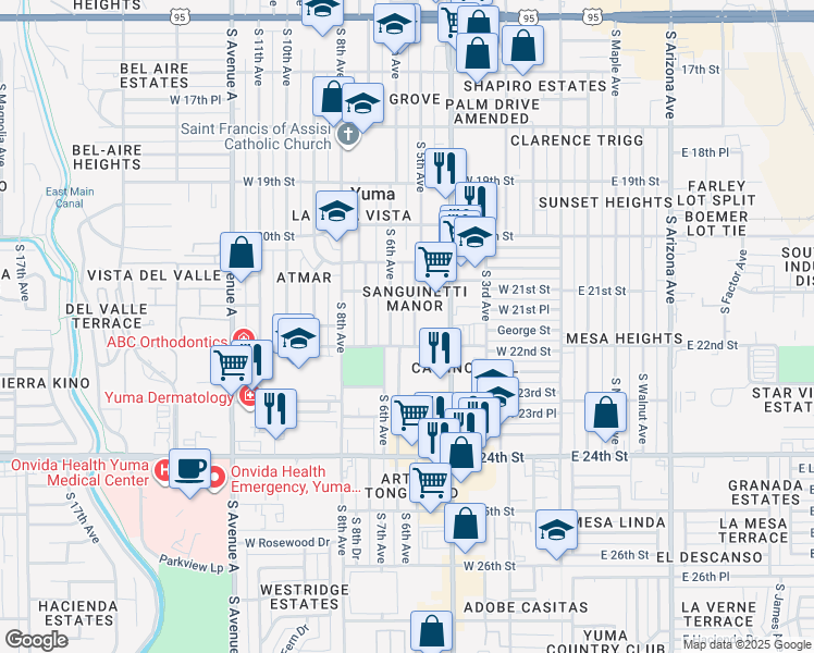 map of restaurants, bars, coffee shops, grocery stores, and more near 2183 South 6th Avenue in Yuma