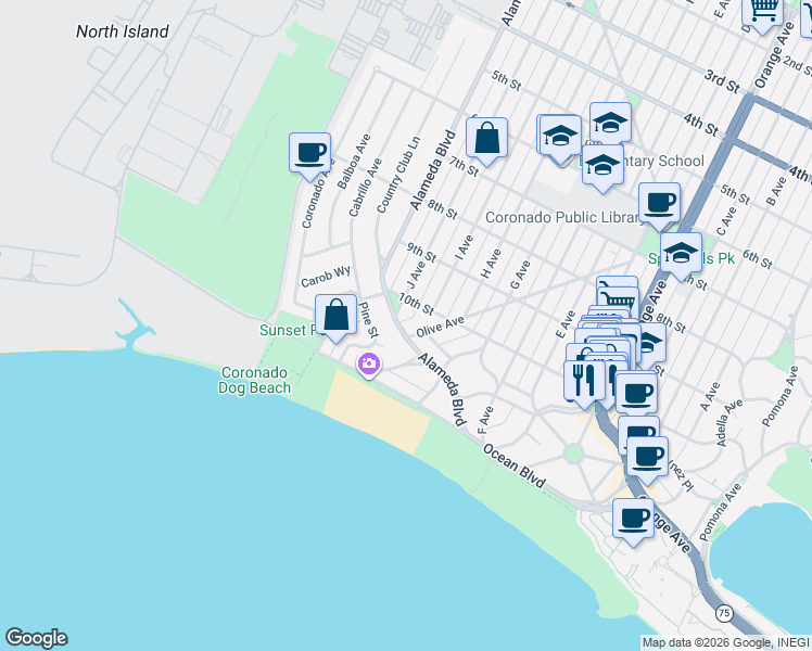 map of restaurants, bars, coffee shops, grocery stores, and more near 1048 Olive Avenue in Coronado