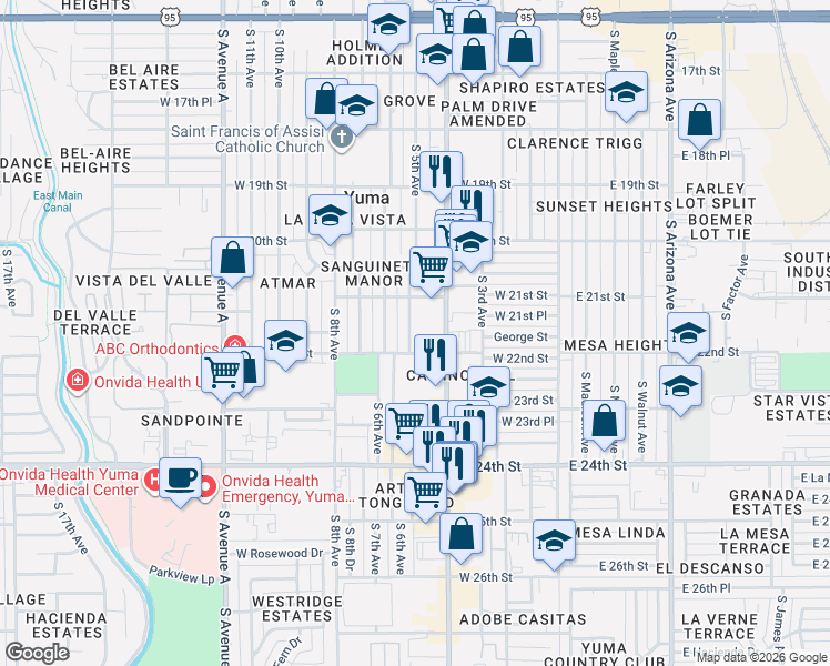map of restaurants, bars, coffee shops, grocery stores, and more near 400-498 West 22nd Street in Yuma