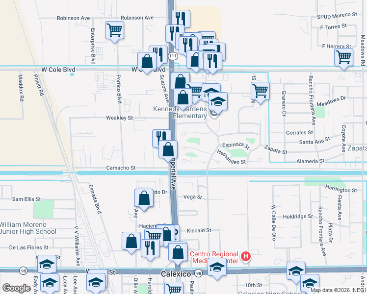 map of restaurants, bars, coffee shops, grocery stores, and more near 169 Banagas Ct in Calexico