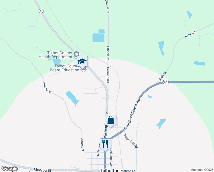 map of restaurants, bars, coffee shops, grocery stores, and more near 75 Gorman Road in Talbotton