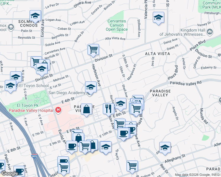 map of restaurants, bars, coffee shops, grocery stores, and more near 433 Rachael Avenue in National City