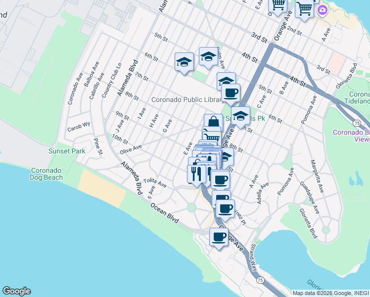 map of restaurants, bars, coffee shops, grocery stores, and more near 918 E Avenue in Coronado