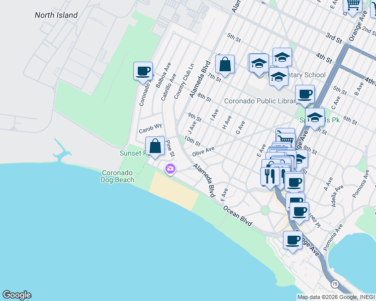 map of restaurants, bars, coffee shops, grocery stores, and more near 1048 Olive Avenue in Coronado