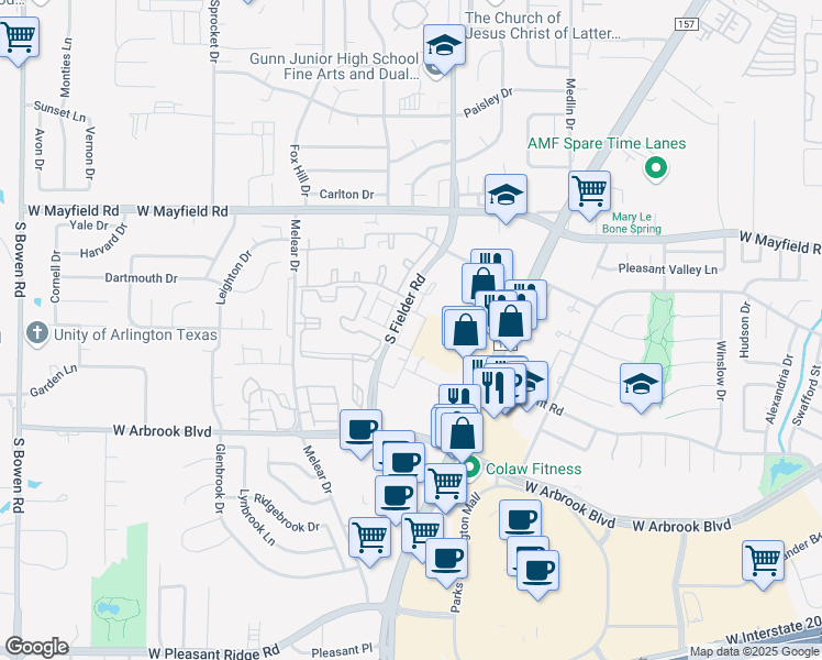map of restaurants, bars, coffee shops, grocery stores, and more near 3600 Hoya Drive in Arlington