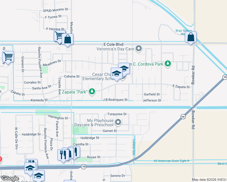 map of restaurants, bars, coffee shops, grocery stores, and more near 1931 East Medina Street in Calexico