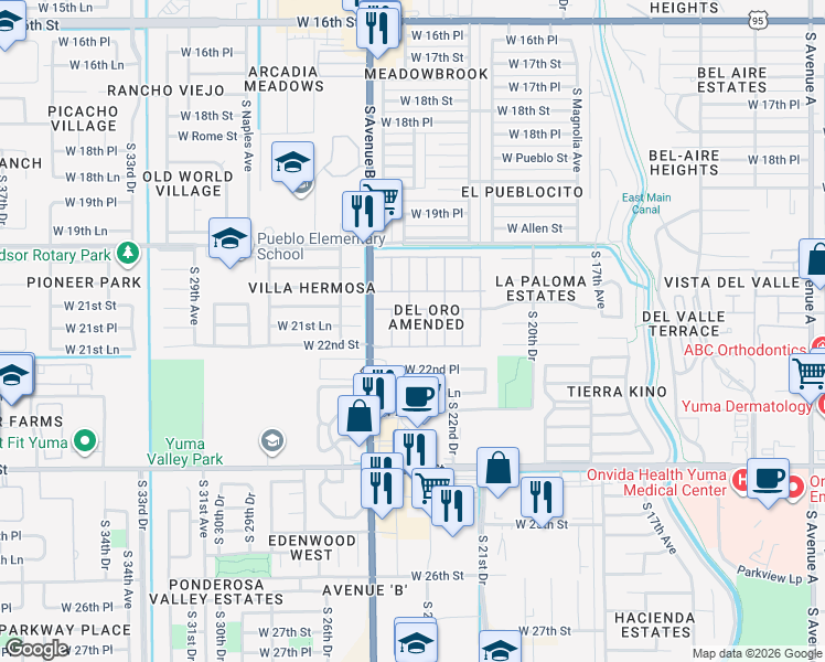 map of restaurants, bars, coffee shops, grocery stores, and more near 2193 South Sidewinder Avenue in Yuma