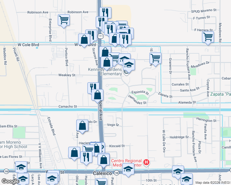 map of restaurants, bars, coffee shops, grocery stores, and more near 101-169 Banagas Ct in Calexico