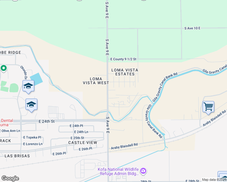 map of restaurants, bars, coffee shops, grocery stores, and more near 9238 East 22nd Lane in Yuma