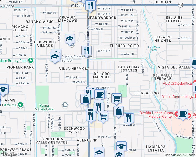 map of restaurants, bars, coffee shops, grocery stores, and more near 2193 South Sidewinder Avenue in Yuma