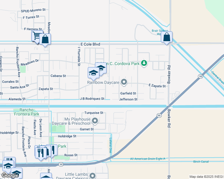 map of restaurants, bars, coffee shops, grocery stores, and more near 1307 Garfield Street in Calexico