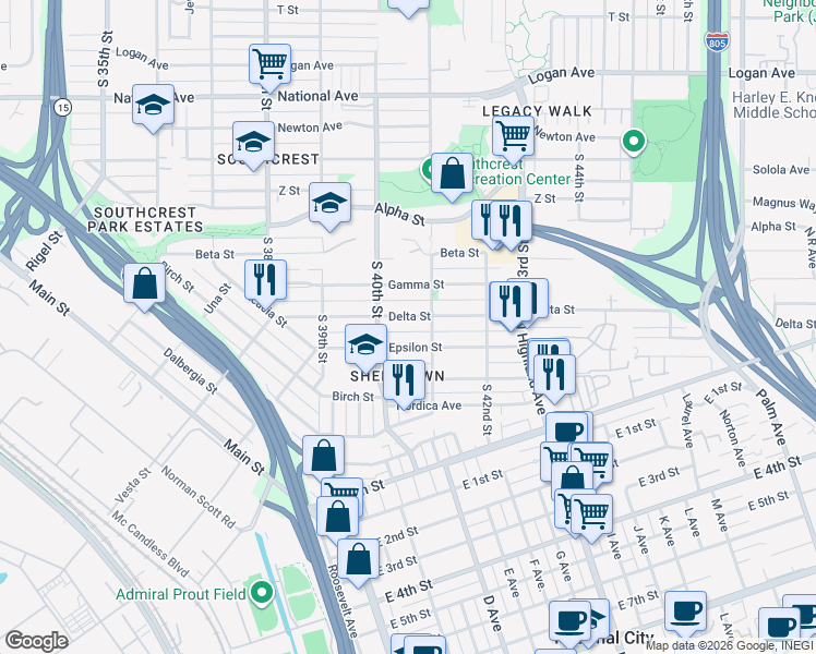 map of restaurants, bars, coffee shops, grocery stores, and more near 4068 Epsilon Street in San Diego