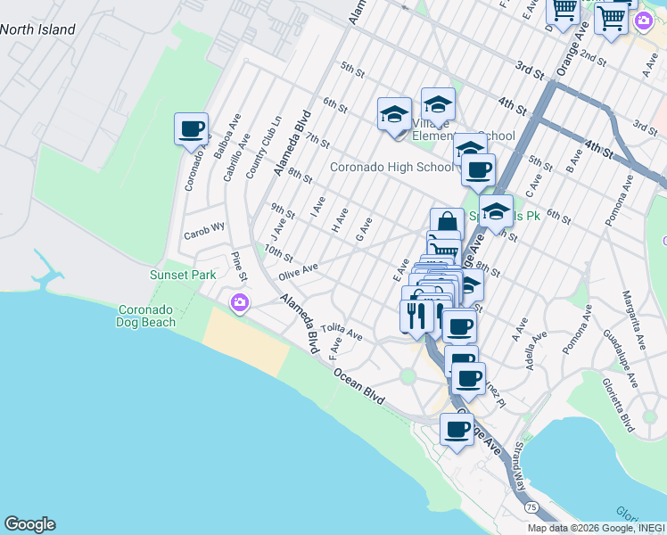 map of restaurants, bars, coffee shops, grocery stores, and more near 857 Encino Row in Coronado