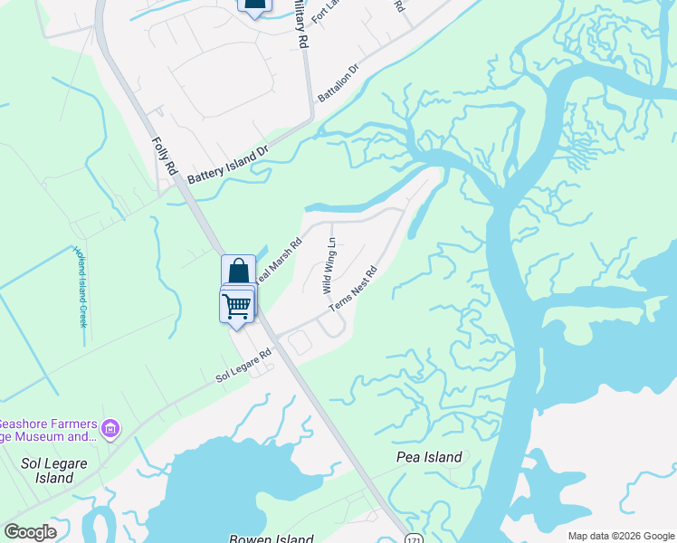 map of restaurants, bars, coffee shops, grocery stores, and more near 1622 Terns Nest Road in Charleston