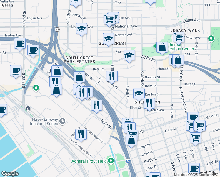 map of restaurants, bars, coffee shops, grocery stores, and more near 1728 Vesta Street in San Diego