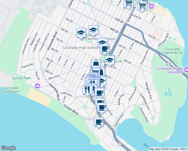 map of restaurants, bars, coffee shops, grocery stores, and more near 835 D Avenue in Coronado