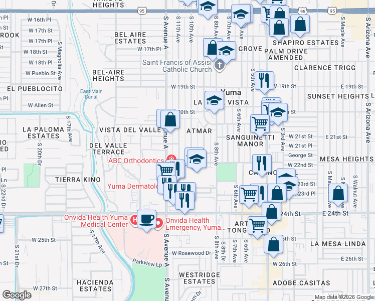 map of restaurants, bars, coffee shops, grocery stores, and more near 2182 South 10th Avenue in Yuma