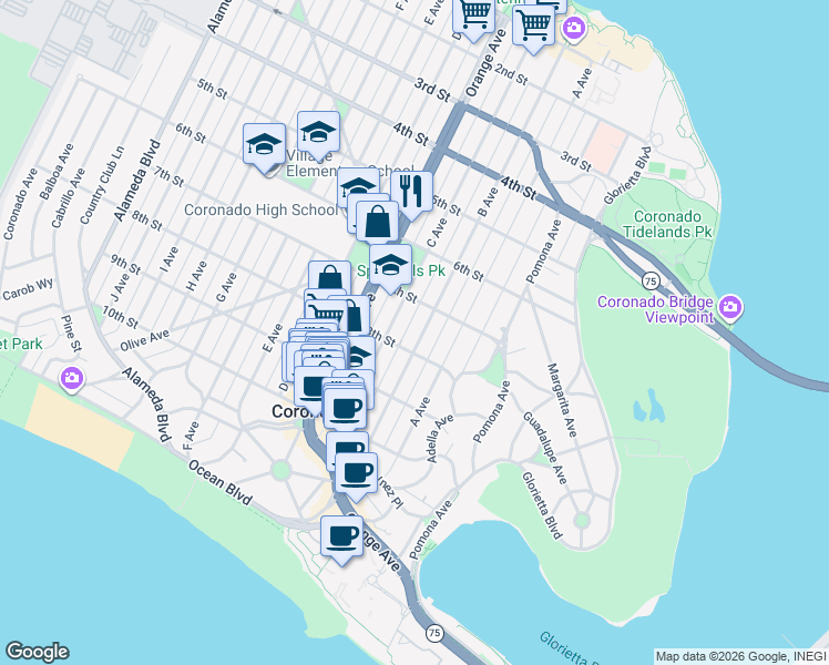 map of restaurants, bars, coffee shops, grocery stores, and more near 767 B Avenue in Coronado