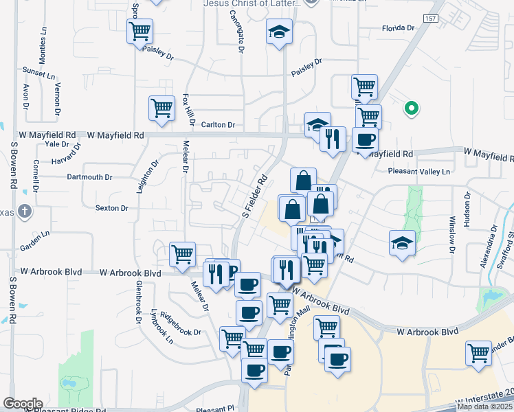 map of restaurants, bars, coffee shops, grocery stores, and more near 3600 Hoya Drive in Arlington