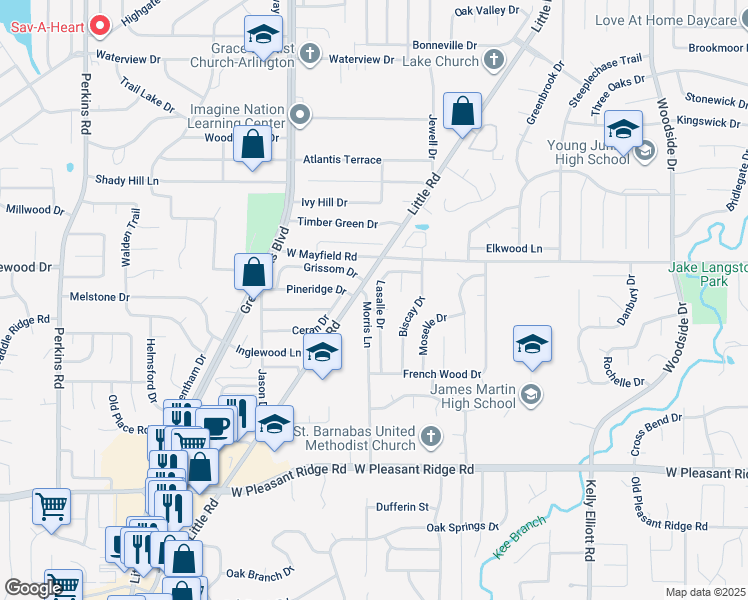 map of restaurants, bars, coffee shops, grocery stores, and more near 5104 Burgundy Court in Arlington