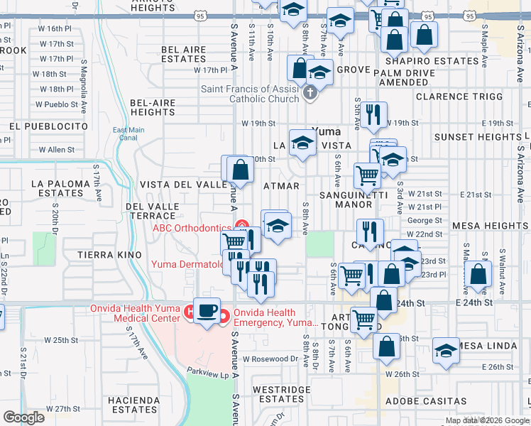 map of restaurants, bars, coffee shops, grocery stores, and more near 2182 South 10th Avenue in Yuma