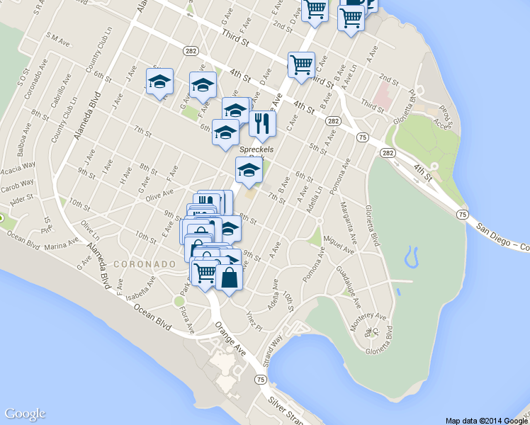 map of restaurants, bars, coffee shops, grocery stores, and more near 767 B Avenue in Coronado