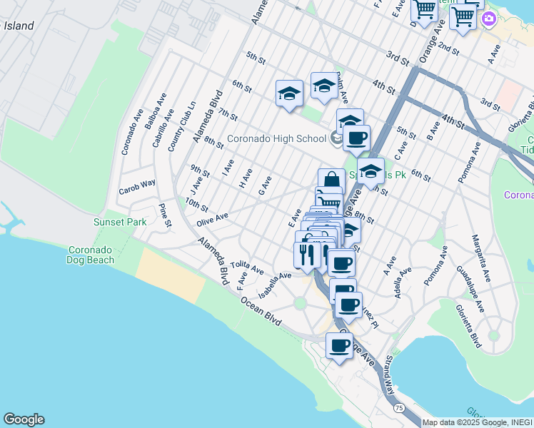 map of restaurants, bars, coffee shops, grocery stores, and more near 936 F Avenue in Coronado
