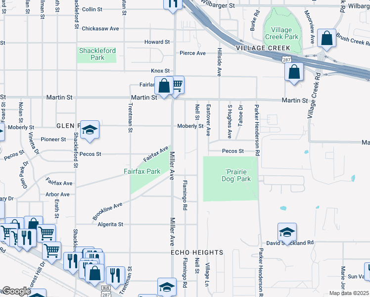 map of restaurants, bars, coffee shops, grocery stores, and more near 5001 Flamingo Road in Fort Worth