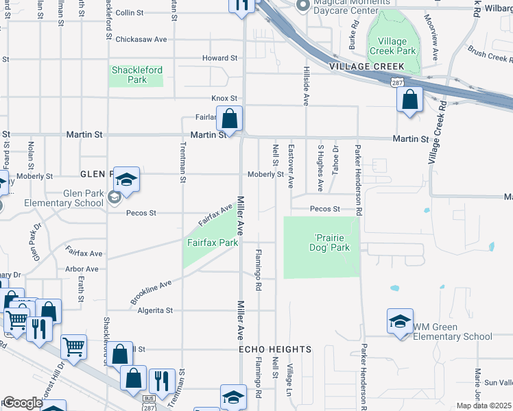 map of restaurants, bars, coffee shops, grocery stores, and more near 5001 Flamingo Road in Fort Worth