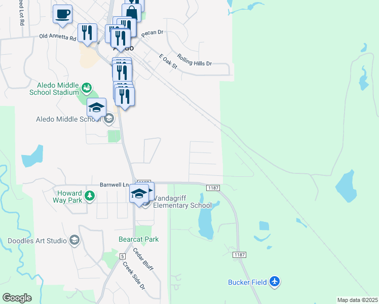 map of restaurants, bars, coffee shops, grocery stores, and more near Paintbrush Court in Aledo