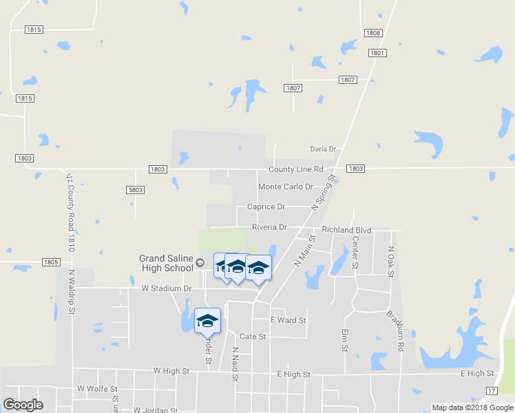 map of restaurants, bars, coffee shops, grocery stores, and more near 1022 Caprice Drive in Grand Saline