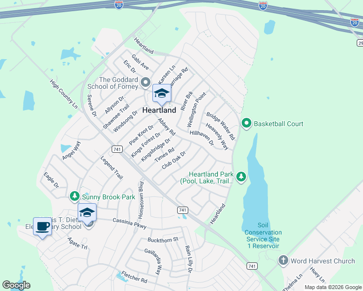 map of restaurants, bars, coffee shops, grocery stores, and more near 2036 Times Road in Forney