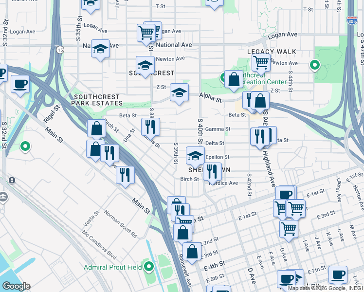 map of restaurants, bars, coffee shops, grocery stores, and more near 3934 Epsilon Street in San Diego