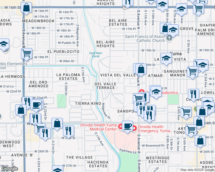 map of restaurants, bars, coffee shops, grocery stores, and more near 2184 South 14th Avenue in Yuma