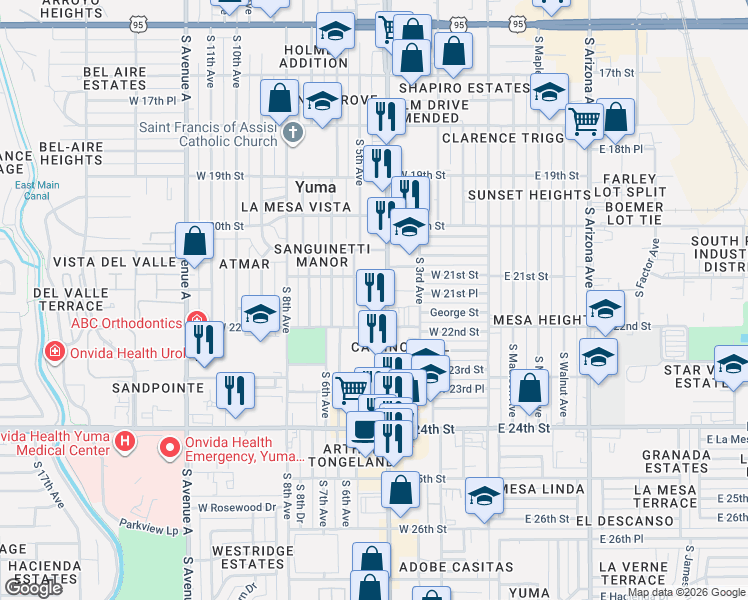 map of restaurants, bars, coffee shops, grocery stores, and more near 400 West 22nd Street in Yuma